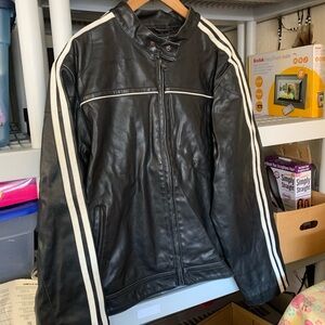 Men's Black Leather Jacket with White Stripes